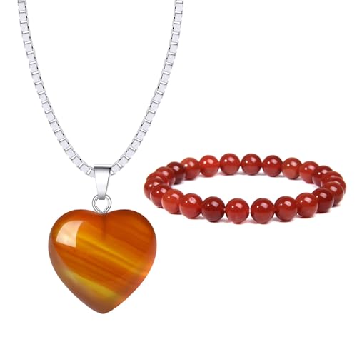 XSDSLS 2 Stück Naturstein Schmuck Set für Damen 8mm Perlenarmband Halskette mit Edelstein Herz Anhänger Kristall Naturstein Armbänder Geschenke Für Frauen (Roter Onyx) von XSDSLS