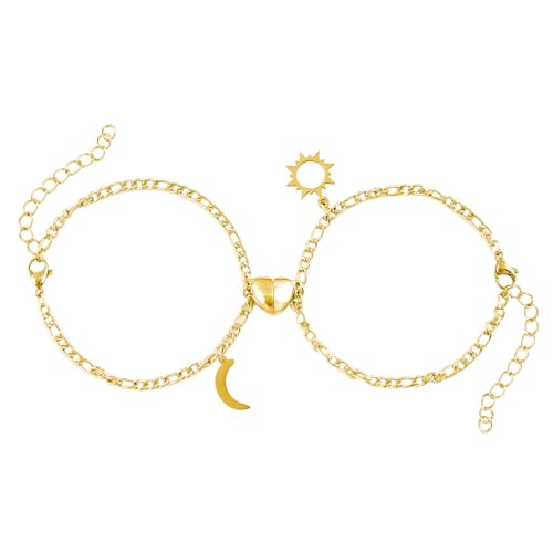 XSDSLS 2 Stück Paar Armband Magnet,Edelstahl Gold Silber Armbänder mit Mond Sonne Anhänger Herz Magnet Armband Pärchen Partner Armbänder Geschenk für Sie und Ihn Paare Couple (Gold) von XSDSLS