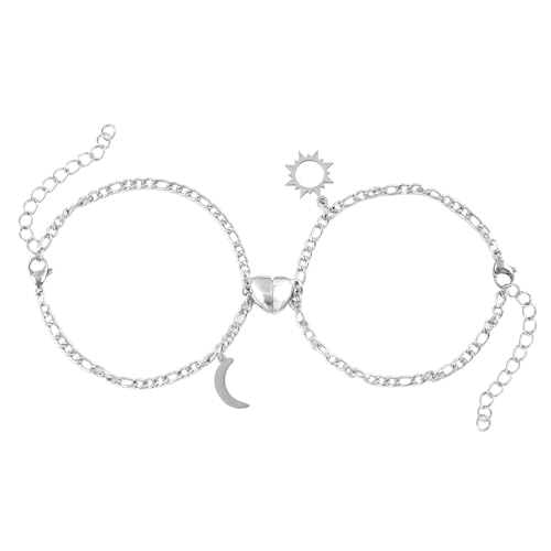 XSDSLS 2 Stück Paar Armband Magnet,Edelstahl Gold Silber Armbänder mit Mond Sonne Anhänger Herz Magnet Armband Pärchen Partner Armbänder Geschenk für Sie und Ihn Paare Couple (Silber) von XSDSLS