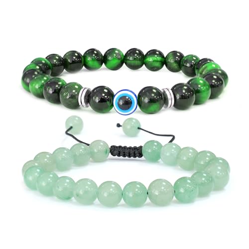 XSDSLS 2 Stück Perlenarmband Herren, 8mm Stretch Tigerauge Armband Böser Blick Armband Einstellbar Naturstein Armband Kristall-Perlenarmband für Männer Frauen (Set4) von XSDSLS