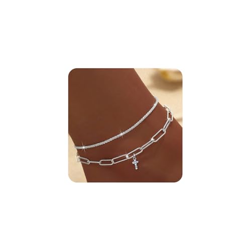 XSDSLS 2 Stück Silber Armband Set Damen,Stapelarmbänder Kreuz Anhänger Paperclip Armbander Herz Stern Verstellbar CZ Armbander Geschenke für Damen Mädchen (Kreuz) von XSDSLS