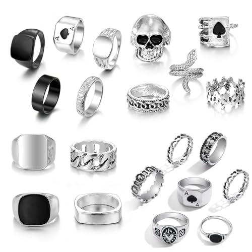 XSDSLS 21 Stück Ringe Herren Silber Band Biker Ringe Gothic Männer Ring Matt Poliert Siegelring Silber Ring Set für Herren Männer Schmuck von XSDSLS