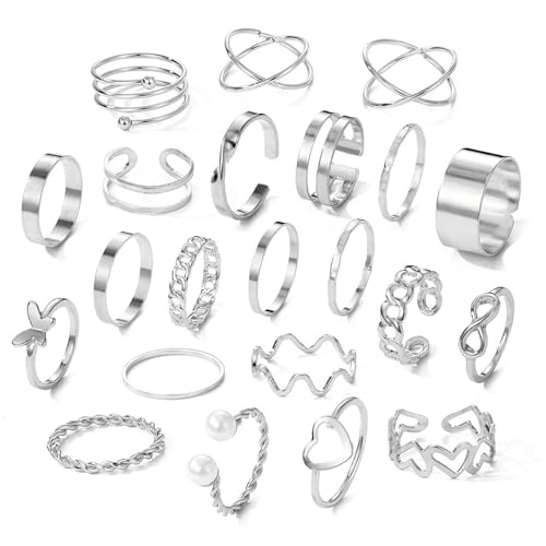 XSDSLS 20-31 Stück Vintage Knuckle Rings für Damen Böhmische Stapelbare Ring Gold Silber Offene Daumen Ringe Set Midi Finger Ringe Schmetterlings Herz Fingerring für Frauen (Silber Set 3-22 Stück) von XSDSLS