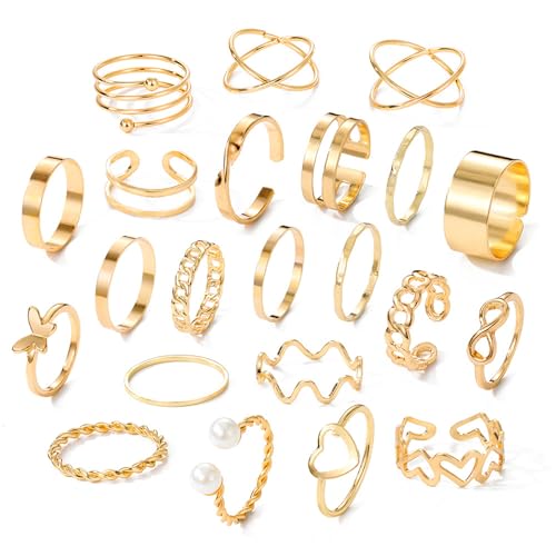 XSDSLS 20-31 Stück Vintage Knuckle Rings für Damen Böhmische Stapelbare Ring Gold Silber Offene Daumen Ringe Set Midi Finger Ringe Schmetterlings Herz Fingerring für Frauen (Gold Set 3-22 Stück) von XSDSLS