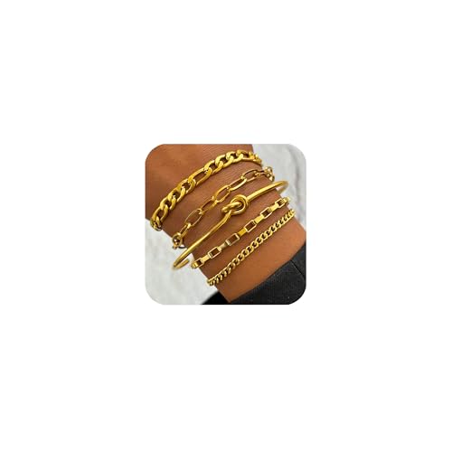 XSDSLS 3-5 Stück Armband Damen Edelstahl Armbänder Set Stapelbare Armbander Gold Silber Offener Armreif Panzerkette Paperclip Armkette Mehrschichtiges Twist Figaro Armband (Gold 4) von XSDSLS