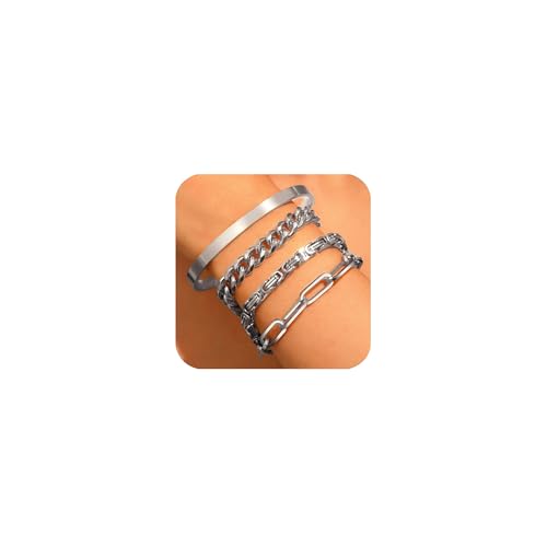 XSDSLS 3-5 Stück Armband Damen Edelstahl Armbänder Set Stapelbare Armbander Gold Silber Offener Armreif Panzerkette Paperclip Armkette Mehrschichtiges Twist Figaro Armband (Silber 3) von XSDSLS