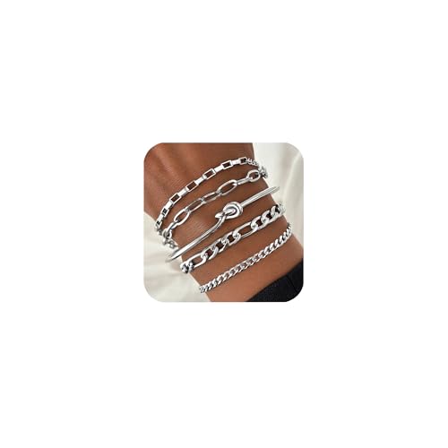 XSDSLS 3-5 Stück Armband Damen Edelstahl Armbänder Set Stapelbare Armbander Gold Silber Offener Armreif Panzerkette Paperclip Armkette Mehrschichtiges Twist Figaro Armband (Silber 4) von XSDSLS