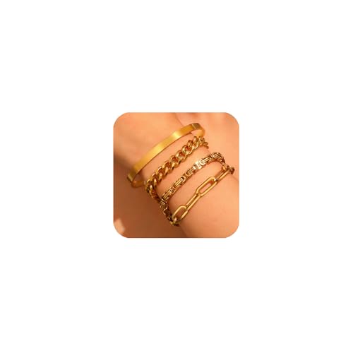 XSDSLS 3-5 Stück Armband Damen Edelstahl Armbänder Set Stapelbare Armbander Gold Silber Offener Armreif Panzerkette Paperclip Armkette Mehrschichtiges Twist Figaro Armband (Gold 3) von XSDSLS