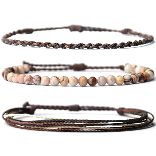 XSDSLS 3 Stück Armband Set Damen Herren Naturstein Armband Tigerauge Armband Perlen Armband Verstellbares Perlenarmbänder Boho Geflochten Armband für Frauen männer (Australischer Zebra-Stein) von XSDSLS