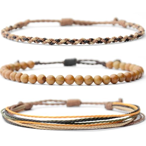 XSDSLS 3 Stück Armband Set Damen Herren Naturstein Armband Tigerauge Armband Perlen Armband Verstellbares Perlenarmbänder Boho Geflochten Armband für Frauen männer (Holzmaserungsstein) von XSDSLS