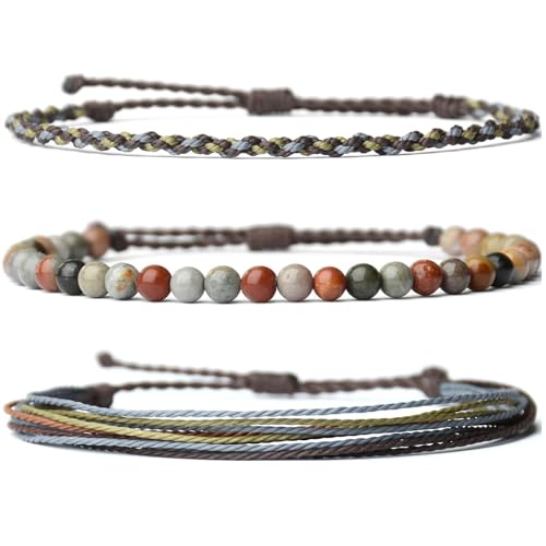 XSDSLS 3 Stück Armband Set Damen Herren Naturstein Armband Tigerauge Armband Perlen Armband Verstellbares Perlenarmbänder Boho Geflochten Armband für Frauen männer (Picasso-Stein) von XSDSLS
