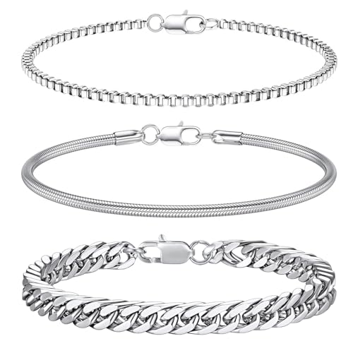XSDSLS 3 Stück Herren Armband Silber Edelstahl Armbänder Panzerkette Herren Armbänder Kastenkette Schlangenkette Armbänder Armkette Hip Hop Rapper Modeschmuck für Männer 19cm /21cm/23cm (21CM) von XSDSLS