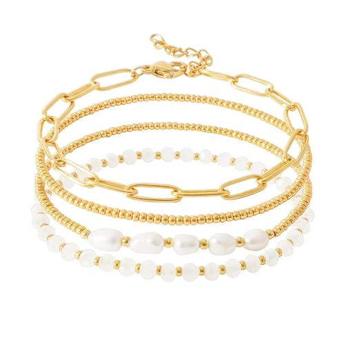XSDSLS 4 Stück Armband Gold für Frauen,14K Vergoldet Stapelbare Kettenarmband Perlenkette Paperclip Mehrschichtiges Verstellbare Paperclip Armband Elastische Perlen Armband Geschenke für Damen (Set 3) von XSDSLS
