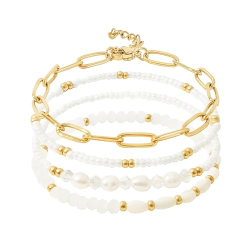 XSDSLS 4 Stück Armband Gold für Frauen,14K Vergoldet Stapelbare Kettenarmband Perlenkette Paperclip Mehrschichtiges Verstellbare Paperclip Armband Elastische Perlen Armband Geschenke für Damen (Set 2) XSDSLS 4 Stück Armband Gold für Frauen,14K Vergoldet Stapelbare Kettenarmband Perlenkette Paperclip Mehrschichtiges Verstellbare Paperclip Armband Elastische Perlen Armband Geschenke für Damen (Set 2) von XSDSLS