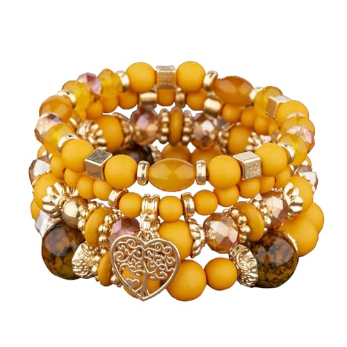 XSDSLS 4 Stück Boho Kristall Perlen Armband,Lebensbaum Perlen Armband,Mehrschichtiges Kristall Perlenarmbänder,Elastische Kristall Armband,Geschenke für Frauen und Männer (Gelb) von XSDSLS
