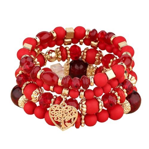 XSDSLS 4 Stück Boho Kristall Perlen Armband,Lebensbaum Perlen Armband,Mehrschichtiges Kristall Perlenarmbänder,Elastische Kristall Armband,Geschenke für Frauen und Männer (Rot) von XSDSLS