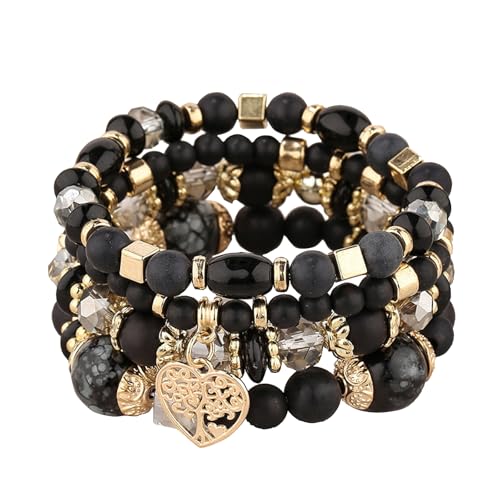 XSDSLS 4 Stück Boho Kristall Perlen Armband,Lebensbaum Perlen Armband,Mehrschichtiges Kristall Perlenarmbänder,Elastische Kristall Armband,Geschenke für Frauen und Männer (Schwarz) von XSDSLS