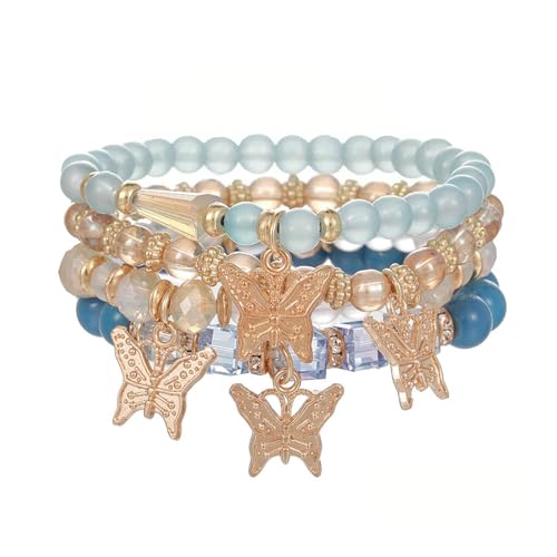 XSDSLS 4 Stück Boho Kristall Perlen Armband Damen,Schichtlook Mehrschichtiges Steine Armband,Schmetterling Charm Armband,Handmade Elastische Armband Geschenke (Blau) von XSDSLS