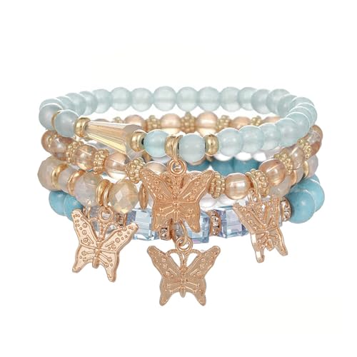 XSDSLS 4 Stück Boho Kristall Perlen Armband Damen,Schichtlook Mehrschichtiges Steine Armband,Schmetterling Charm Armband,Handmade Elastische Armband Geschenke (Hellblau) von XSDSLS