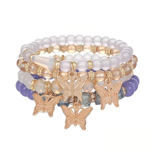 XSDSLS 4 Stück Boho Kristall Perlen Armband Damen,Schichtlook Mehrschichtiges Steine Armband,Schmetterling Charm Armband,Handmade Elastische Armband Geschenke (Lila) von XSDSLS