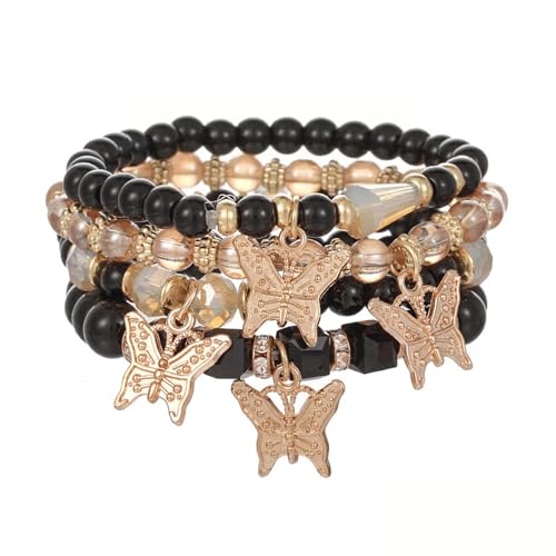 XSDSLS 4 Stück Boho Kristall Perlen Armband Damen,Schichtlook Mehrschichtiges Steine Armband,Schmetterling Charm Armband,Handmade Elastische Armband Geschenke (Schwarz) von XSDSLS