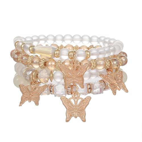 XSDSLS 4 Stück Boho Kristall Perlen Armband Damen,Schichtlook Mehrschichtiges Steine Armband,Schmetterling Charm Armband,Handmade Elastische Armband Geschenke (Weiß) von XSDSLS