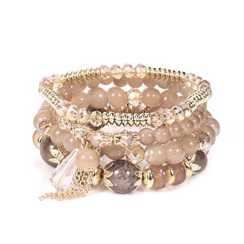 XSDSLS 4 Stück Damen Kristall Perlen Armband Boho Stretch Perlen Armbänder Mehrschichtiges Stapelbare Quasten Armband Modeschmuck Armband Damen für Frauen Mädchen Geschenk (Leichter Kaffee) von XSDSLS