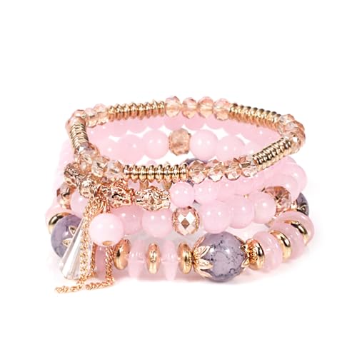XSDSLS 4 Stück Damen Kristall Perlen Armband Boho Stretch Perlen Armbänder Mehrschichtiges Stapelbare Quasten Armband Modeschmuck Armband Damen für Frauen Mädchen Geschenk (Rosa) von XSDSLS