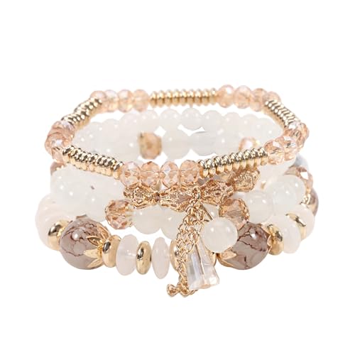 XSDSLS 4 Stück Damen Kristall Perlen Armband Boho Stretch Perlen Armbänder Mehrschichtiges Stapelbare Quasten Armband Modeschmuck Armband Damen für Frauen Mädchen Geschenk (Weiß) von XSDSLS
