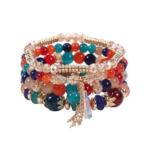 XSDSLS 4 Stück Damen Kristall Perlen Armband Boho Stretch Perlen Armbänder Mehrschichtiges Stapelbare Quasten Armband Modeschmuck Armband Damen für Frauen Mädchen Geschenk (dunkle Farbe) von XSDSLS