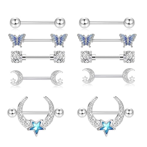 XSDSLS 5 Paar 14G Nippelpiercing Edelstahl für Damen Brustwarzenpiercing Set Kubischer Zirkonia Nippel Piercing Zungenpiercing Barbell Piercing Körperschmuck Set für Frauen Mädchen (Set2) von XSDSLS