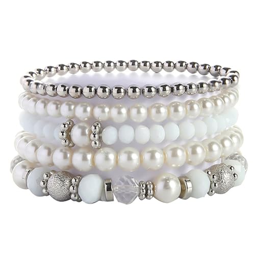 XSDSLS 5 Stück Damen Kristall Perlen Armband Boho Stretch Perlen Armbänder Mehrschichtiges Stapelbare Armband Elastische Armbänder Damen für Frauen Mädchen (SY0308-1) von XSDSLS