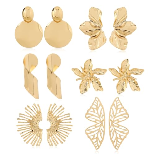 XSDSLS 6 Paar Statement Ohrringe für Damen Groß Geometrische übertriebene Ohrstecker Vintage Schmetterling Ginkgo Blatt Ohrringe Lotus Blatt Ohrringe Hypoallergen Plättchen Hängeohrringe (Set1) von XSDSLS