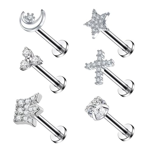 XSDSLS 6 Stück 16G Helix Piercings Tragus Piercing Labret Lippenpiercing Nasenpiercing Stecker für Damen 8mm Stab mit Zirkonia Conch Helix Piercing von XSDSLS