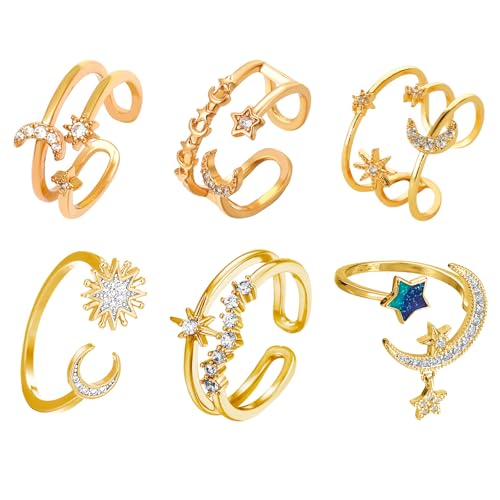 XSDSLS 6Pcs Ringe Gold Frauen, Knuckle Rings Set Sonne Mond Ringe Daumen Ring Fingerring Schmuck für Freundin Mädchen (Gold) von XSDSLS