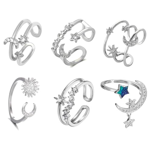 XSDSLS 6Pcs Ringe Silber Frauen, Knuckle Rings Set Sonne Mond Ringe Daumen Ring Fingerring Schmuck für Freundin Mädchen (Silber) von XSDSLS