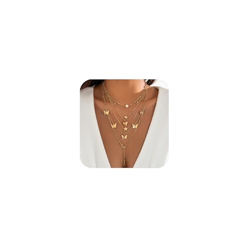 XSDSLS 6 Stück Layered Halsketten Set für Damen Stapelbar Halskette Layering Boho Ketten mit Mond Sterne Schmetterlinge Herzen Anhänger Silber Gold Geschichtet Halskette Geschenke Für Frauen (Gold) von XSDSLS