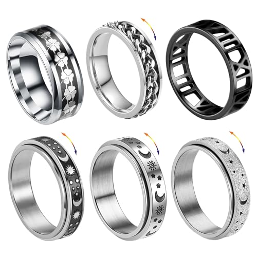 XSDSLS 6 Stück Spinner Ring für Damen Herren Edelstahl Silber Spinner Band Ringe Mond Stern Ring Anti-Angst Spinner Ringe Drehbarer Ringe Hypoallergen Vintage Stress Ring für Mann Damen Schmuck (9) von XSDSLS