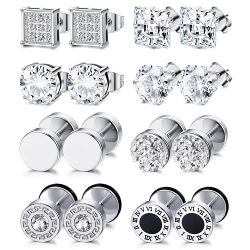 XSDSLS 8 Paar Ohrringe Set für Herren Edelstahl Ohrringe Silber Quadratisch Cubic Zirkonia Ohrstecker Geburtstagsgeschenk Valentinstag Schmuck für Damen Herren 6/8mm von XSDSLS