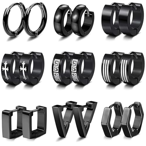 XSDSLS 9 Paar Herren Ohrringe Edelstahl Creolen Ohrringe Männer Mode PunkOhrringe Schwarz Knorpel Helix Piercing Ohr Klein Creolen für Herren Schmuck von XSDSLS