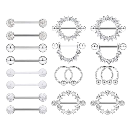 XSDSLS 9 Paar Nippelpiercing Set für Damen,Edelstahl Nippel Piercing,Kubischer Zirkonia Brustwarzenpiercing,Nippel Piercing Herz Barbell Ringförmig für Frauen Mädchen (Silber) von XSDSLS