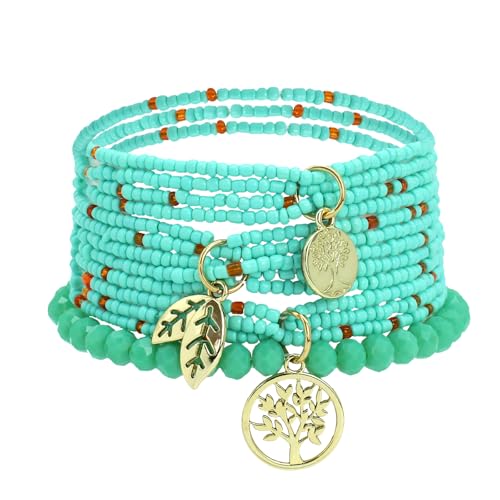 XSDSLS 9 Stück Boho Kristall Perlen Armband Damen,Mehrschichtiges Steine Armband,Baum des Lebens Charm Armband,Handmade Armband Elastische Armband Geschenke (Avocadogrün) von XSDSLS