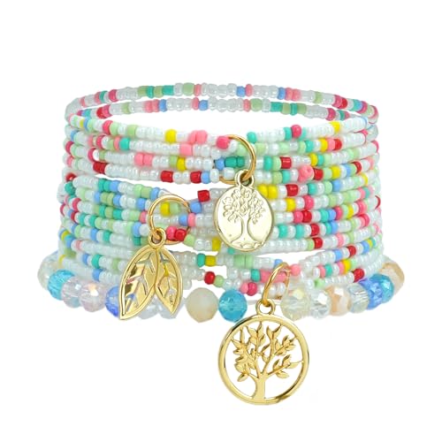 XSDSLS 9 Stück Boho Kristall Perlen Armband Damen,Mehrschichtiges Steine Armband,Baum des Lebens Charm Armband,Handmade Armband Elastische Armband Geschenke (Helles Regenbogenfarben) von XSDSLS