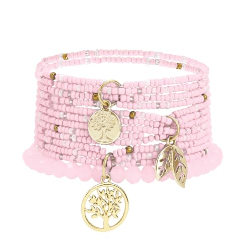 XSDSLS 9 Stück Boho Kristall Perlen Armband Damen,Mehrschichtiges Steine Armband,Baum des Lebens Charm Armband,Handmade Armband Elastische Armband Geschenke (Rosa) von XSDSLS