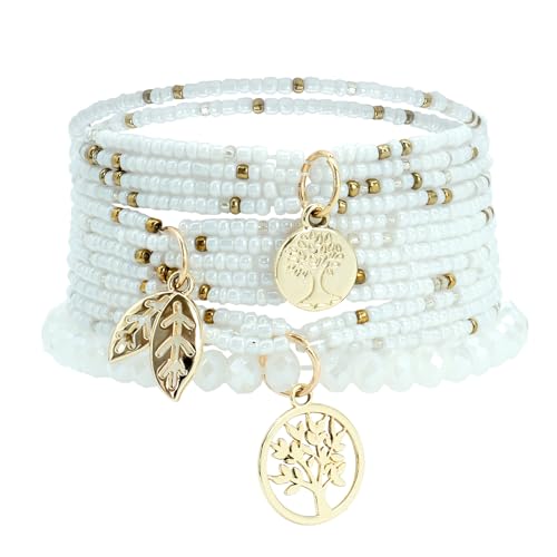 XSDSLS 9 Stück Boho Kristall Perlen Armband Damen,Mehrschichtiges Steine Armband,Baum des Lebens Charm Armband,Handmade Armband Elastische Armband Geschenke (Weiß) von XSDSLS