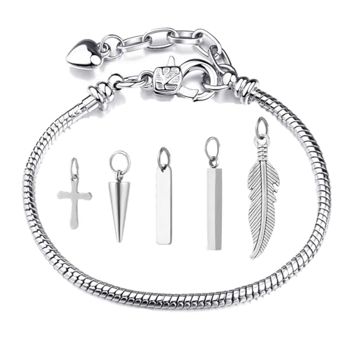 XSDSLS Charm Armband Damen Silber Edelstahl Schlangenketten Armband Verstellbare Armkette Kreuz Charm Armband mit Feder Anhänger Charms Anhänger Armband für Damen Herren (16+5CM) von XSDSLS