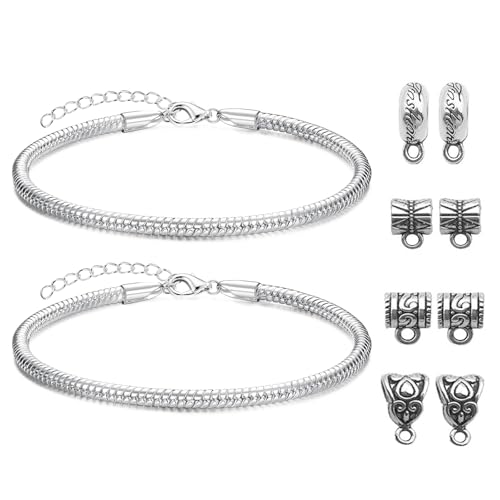 XSDSLS Charm Armband Damen Silber Edelstahl Schlangenketten Armband Verstellbare Armkette Schlangen Armbänder mit 30 Stück Tibetan Style Charms für Damen Herren (2MM, 17+5CM) von XSDSLS