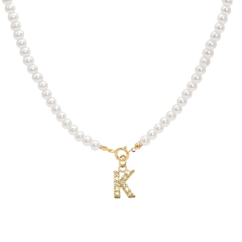XSDSLS Gold Perlenkette Initialen Halskette mit Buchstaben für Frauen,Initialen Perlenkette,Einstellbare A-Z Anhänger Initialen Anhänger Perlenketten,Weihnachtstag Geschenke für Frauen (K) von XSDSLS