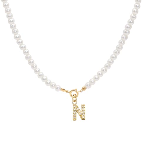 XSDSLS Gold Perlenkette Initialen Halskette mit Buchstaben für Frauen,Initialen Perlenkette,Einstellbare A-Z Anhänger Initialen Anhänger Perlenketten,Weihnachtstag Geschenke für Frauen (N) von XSDSLS