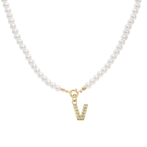 XSDSLS Gold Perlenkette Initialen Halskette mit Buchstaben für Frauen,Initialen Perlenkette,Einstellbare A-Z Anhänger Initialen Anhänger Perlenketten,Weihnachtstag Geschenke für Frauen (V) von XSDSLS